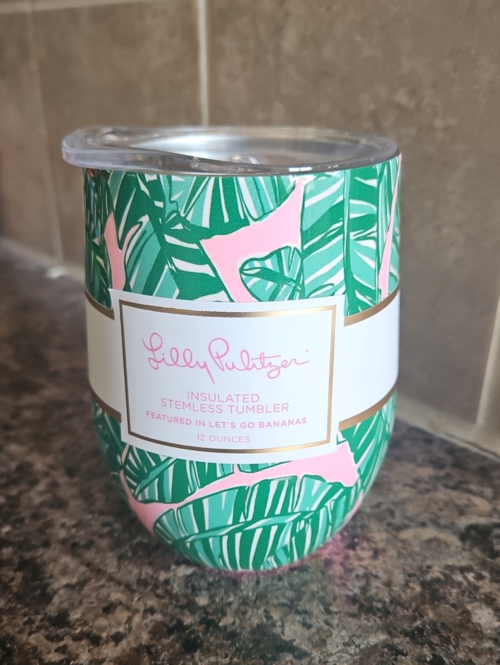 Lilly Pulitzer 12oz Stemless Tumbler in Green & Pink Tropical Print